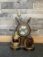 Nautical Barometer Table Lamp with Burlap Drum Shade on Wood Base — listing 6