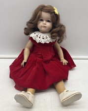 Vintage Porcelain Collector Doll with Red Braids in Green Calico Dress and Eyelet Pinafore — listing 5