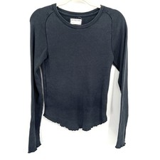 Waffle-Knit V-Neck Long-Sleeve Top with Lettuce-Edge Trim and Exposed Seams, Dusty Blue — listing 2