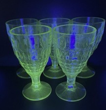 Antique Vaseline Uranium Glass Goblet / Water Cup, Daisy & Button with Panels Pattern, 5.5 inches tall — listing 5