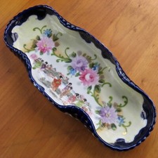 Antique Japanese Hand-Painted Nippon Porcelain Oval Celery Dish with Geisha & Pagoda Scene — listing 2