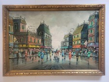 Mid-Century Parisian Street Scene Oil Painting, Bridge & Cityscape at Dusk, Signed Starts with 'N'