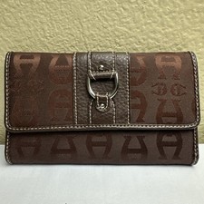 Etienne Aigner Navy Blue Leather Trifold Wallet with Croc-Embossed Trim, listing 3