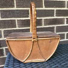 Vintage Woven Wicker Rectangular Basket with Turned Wood Handles — listing 2