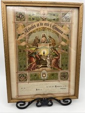 Antique 1921 First Communion Photograph of Young Boy in Tiger Oak Frame