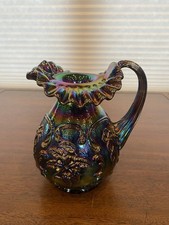 Iridescent Green Carnival Glass Tall Pitcher with Floral Relief — listing 5