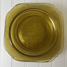 Amber Depression Glass Plate with Embossed Rose and Scalloped Rim (Federal Glass Rosemary/Sharon Style)