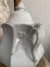 White Ironstone Biscuit Jar / Covered Pot with Embossed Castle & Grapevine Relief and Figural Finial