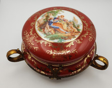 Antique Porcelain Lidded Dresser Box with Fragonard Courting Couple Transfer, Brass Mount & Mirror — listing 3