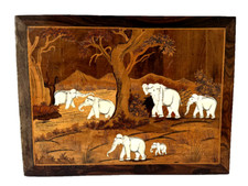 Marquetry Wood Inlay Wall Panel Depicting Elephants in a Jungle Landscape — listing 2