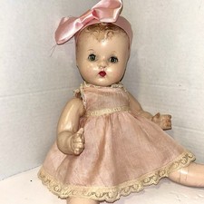 Vintage 1930s-40s Composition Doll with Sleep Eyes, Black Mohair Wig, Floral Dress and Straw Hat — listing 2