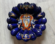 Antique French Cobalt Blue Faience Cabinet Plate with Château Transfer Decoration, Signed 'Le Blanc'