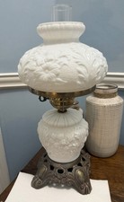Fenton Milk Glass Poppy Pattern Student Lamp with Ruffled Shade — listing 5