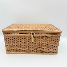 Vintage Art Deco Wicker Sewing Basket with Hinged Lid and Fabric Top — listing 4