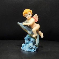 Resin Cherub Angel Figurine Riding Dolphin with Life Ring