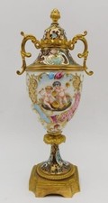 Sevres-Style Cobalt Blue and Gold Porcelain Twin-Handled Urn Vase with Hand-Painted Courting Scene — listing 3
