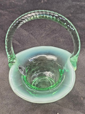 Green Opalescent Glass Ruffled Handled Basket / Bonbon Dish with Embossed Floral & Scroll Pattern — listing 5