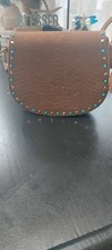 Kiss Me Couture Mauve Vegan Suede Saddle Crossbody Bag with Tooled Floral Embossing and Whipstitch Trim — listing 5