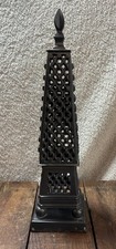 Decorative Cast Metal Obelisk with Lattice Pattern, Ball Feet, and Verdigris Patina, Made in India, approx. 13-14" tall — listing 3
