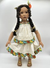Porcelain Native American Girl Doll in Beaded White Buckskin Dress with Stand — listing 3