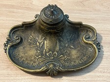 Antique Victorian Ornate Brass Double Inkwell Desk Stand with Figural Bacchus/Mask Backplate — listing 2