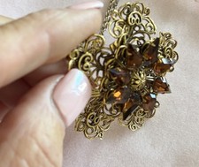Vintage Domed Filigree Brooch with Amber Glass Cabochons and Aurora Borealis Rhinestones — listing 6