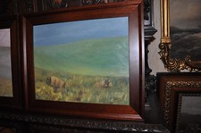 Original Painting on Hide-Shaped Canvas - Frontiersman Portrait with Buffalo Hunt Scene — listing 2