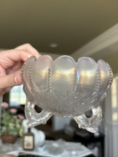 Green Opalescent Ruffled Footed Bowl with Leaf and Beads Pattern — listing 4