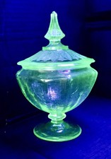 Green Uranium Depression Glass Covered Candy Dish with Pointed Finial, Princess Pattern, 9" Tall — listing 6