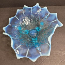 Green Opalescent Ruffled Footed Bowl with Leaf and Beads Pattern — listing 6