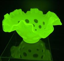 Vintage Green Uranium Glass Ruffled Crimped Bowl with Textured Floral Pattern — listing 6