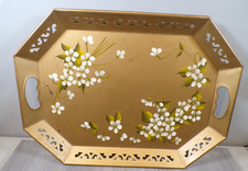 Nashco Hand-Painted Tole Metal Tray with Pierced Rim, Blue Floral Design — listing 6