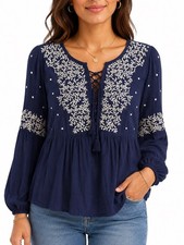 Boho Peasant Top - Red Cotton Crochet Lace Smocked Blouse with Wood Star Pendant, Size Small — listing 3