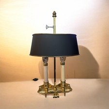 Vintage Bouillotte-Style Double Candlestick Table Lamp with Brass Base and Drum Shade
