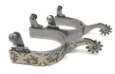 Pair of Vintage Hand-Engraved Western Riding Spurs with Silver-Toned Bands and Rowels — listing 3