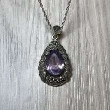 Vintage Silver-Tone Marcasite Lariat-Style Y-Drop Necklace with Teardrop Pendant — listing 2