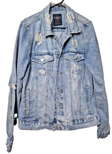 KSCY Melbourne Stonewashed Distressed Denim Trucker Jacket with Panther Embroidery, Size XL — listing 4