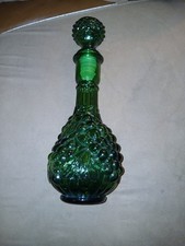 Vintage Emerald Green Glass Genie Bottle Decanter with Grape & Leaf Pattern and Ribbed Ball Stopper — listing 5