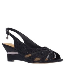J. Renee wedge sandals size Black Satin & Patent Leather Strappy Wedge Sandals, Size 7M (Factory Sample) — listing 3