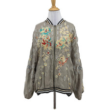 Cotton Silk Heavily Embroidered Floral Bomber Jacket, Women's XL