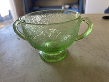 Green Uranium Depression Glass Open Sugar Dish, Florentine/Poppy or Florentine Pattern, 3 inches tall — listing 5
