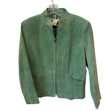 Vintage Green Suede Leather Button-Front Jacket with Rust/Terracotta Contrast Trim — listing 3