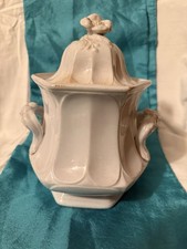 White Ironstone Biscuit Jar / Covered Pot with Embossed Castle & Grapevine Relief and Figural Finial — listing 5