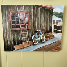 Framed Mediterranean Coastal Scene Print — Figure with Bicycle, Beach Cabins and Boats — listing 2