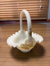 Fenton Custard Satin Glass Basket with Hand-Painted Log Cabin/Trees Scene, 8 inches tall