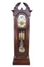 Oak Grandfather Clock with Broken Arch Pediment and Brass Moon Phase Dial