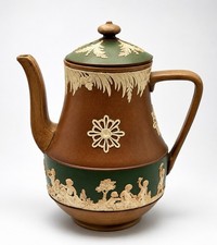 Antique Brown Jasperware Coffee Pot with White Classical Relief Figures and Grapevine Border — listing 4