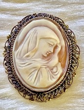 Antique Carved Shell Cameo Brooch, Our Lady of Mount Carmel (Madonna and Child), Gilt Frame, listing 2