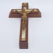 Antique Wood Wall Cross with Mother-of-Pearl Inlay and Gold Filigree Rosettes — listing 4