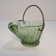 Vintage Green Glass Coal Scuttle Figural Novelty Dish with Wire Bail Handle — listing 6